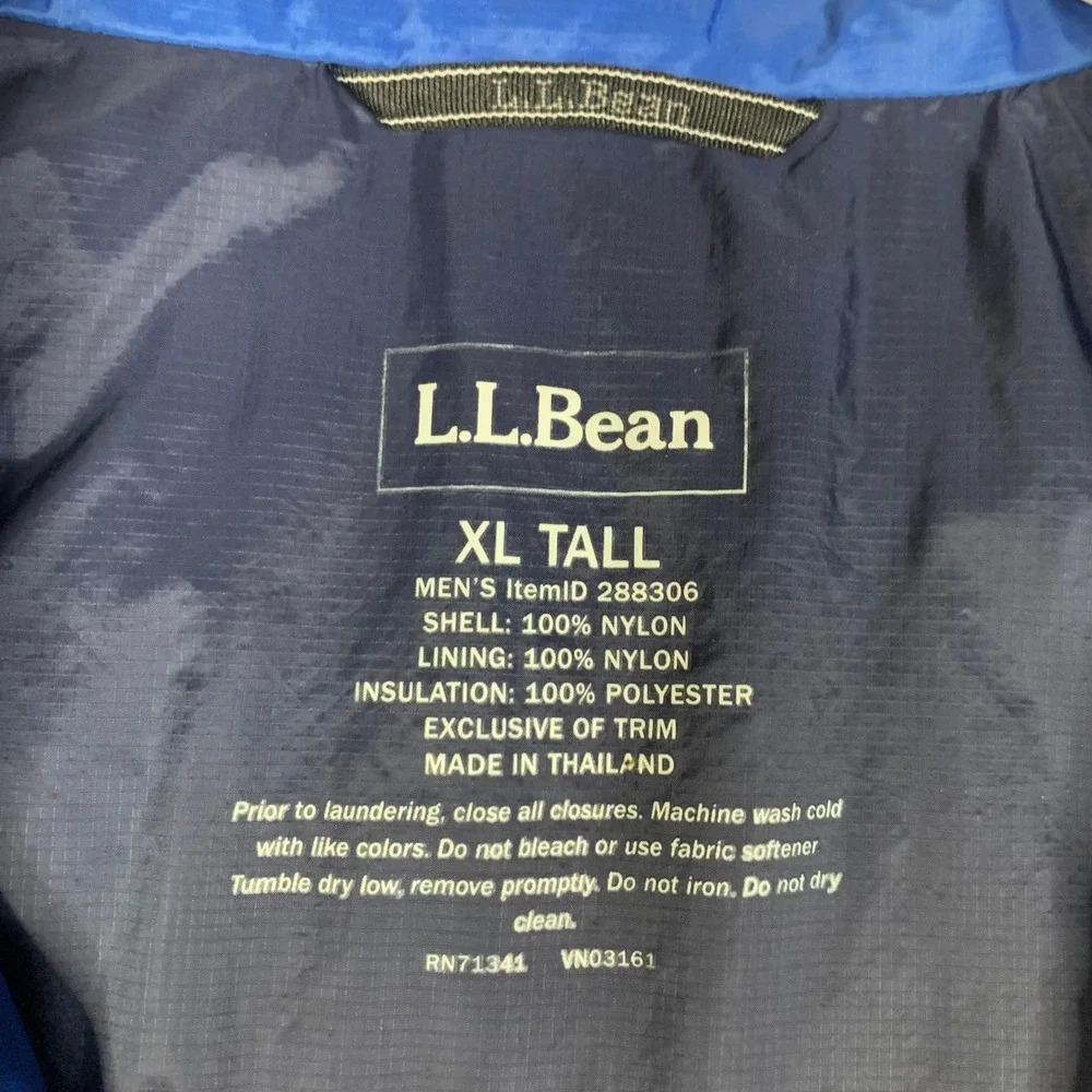 LL Bean Primaloft Packaway Vest Mens XL Tall Quilted Blue Full Zip Outdoor Hike‎